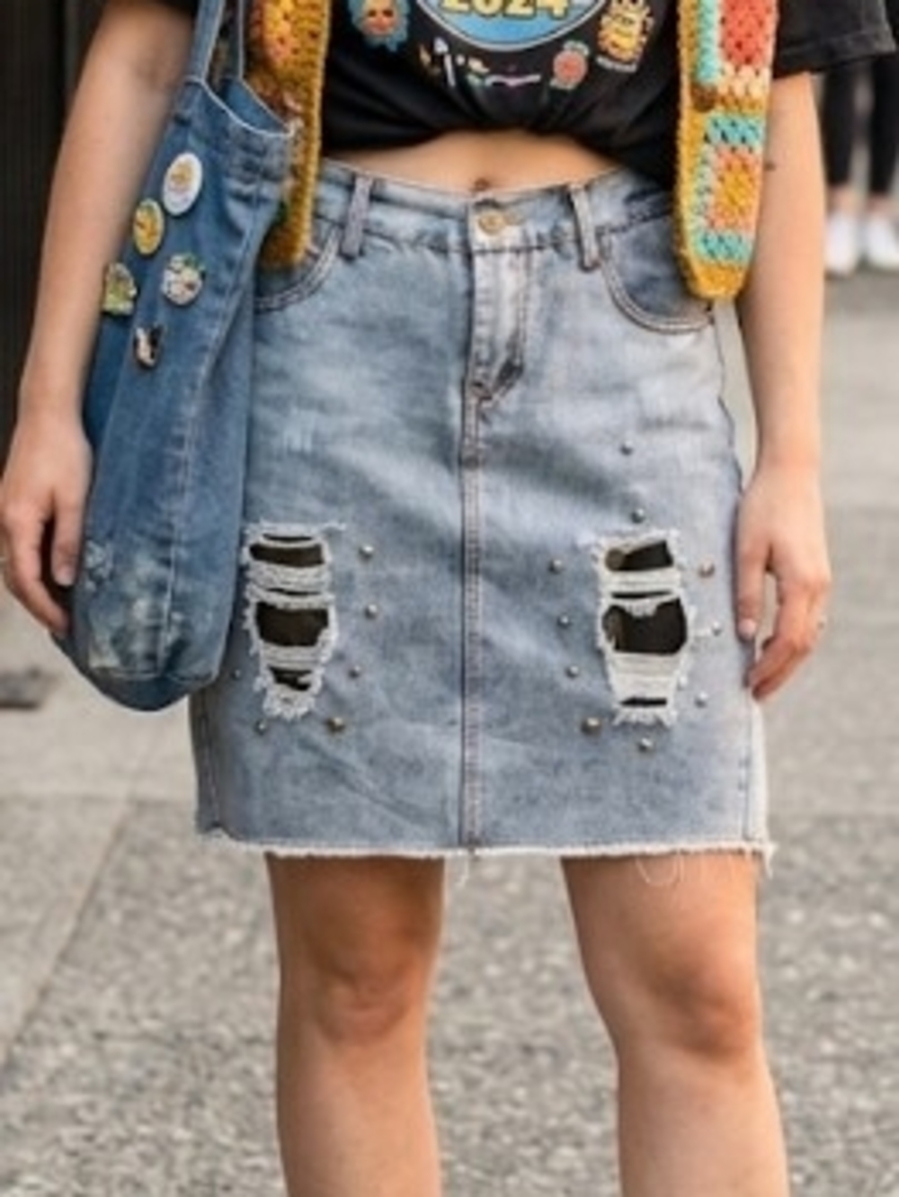 Distressed Blue Denim Mini Skirt - Metal Studs Camo Patches Grunge Streetwear